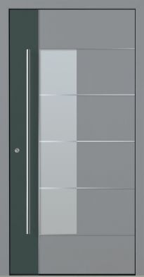 Moderne zweifarbige Aluminium-Haustüre in hellgrau und dunkelgrau mit Mittelfenster