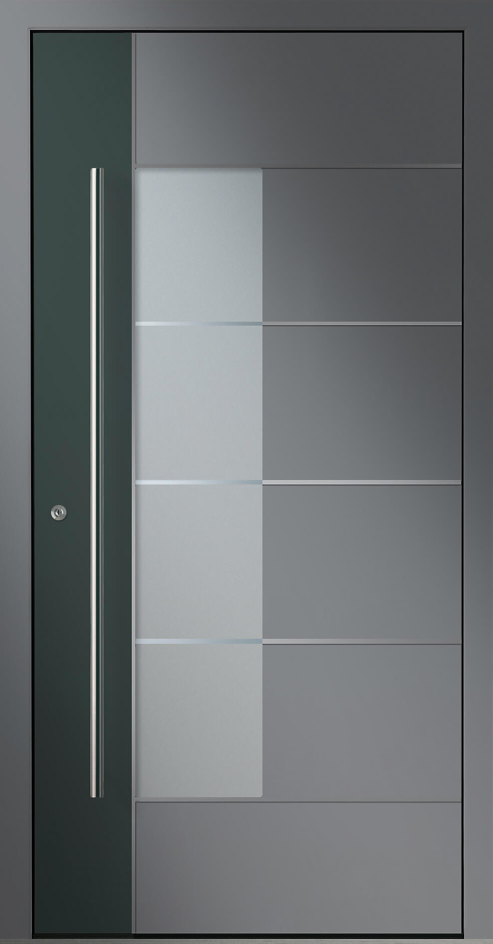 moderne zweifarbige Aluminium-Eingangstüremit dunklem Balken und Edelstahl-Lisenen sowie eleganter Greifstange